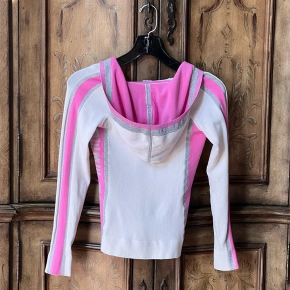 Bebe SPORT NWT White Pink Silver V-Neck Hoodie Long Sleeve Stretch Top Sz S - Picture 17 of 17